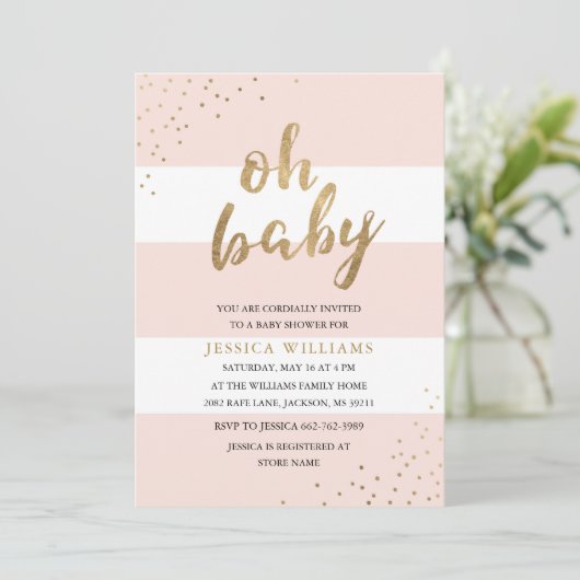 Roze en gouden strepen Oh Baby shower Uitnodiging (Staand voorkant)