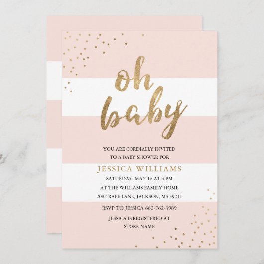 Roze en gouden strepen Oh Baby shower Uitnodiging (Voorkant / Achterkant)