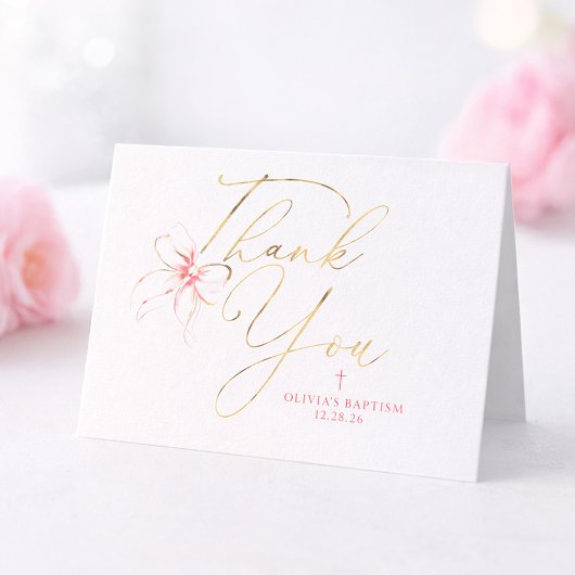 Roze en gouden strik doop dank je bedankkaart