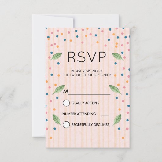 Roze en gouden strips groene bladeren en Confetti  RSVP Kaartje (Voorkant)