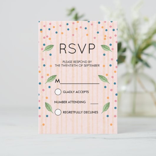 Roze en gouden strips groene bladeren en Confetti RSVP Kaartje (Staand voorkant)