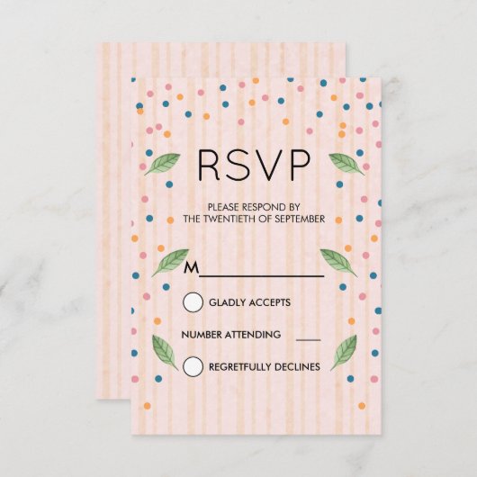 Roze en gouden strips groene bladeren en Confetti  RSVP Kaartje (Voorkant / Achterkant)