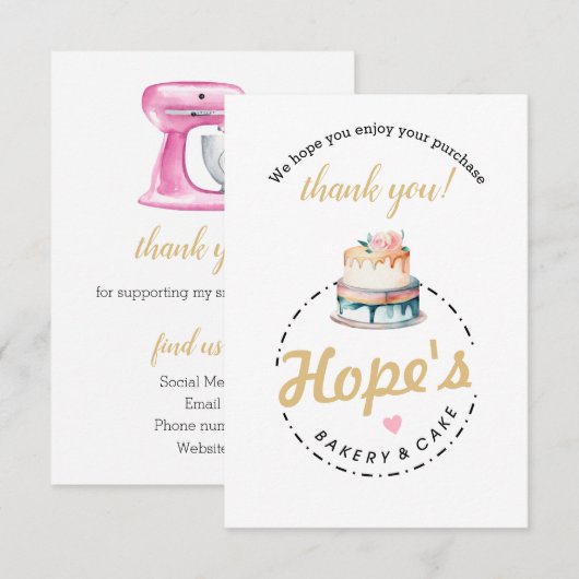 Roze en Gouden Taart Bakkerij Flat Dank u kaart (Voorkant / Achterkant)