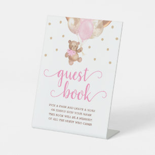 Roze en gouden teddybeer gastenboek voetstuk bord reclamebord met voetstuk