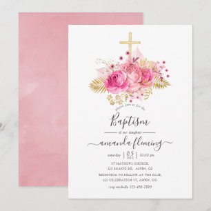 Roze en gouden tropische bloemen doop kaart