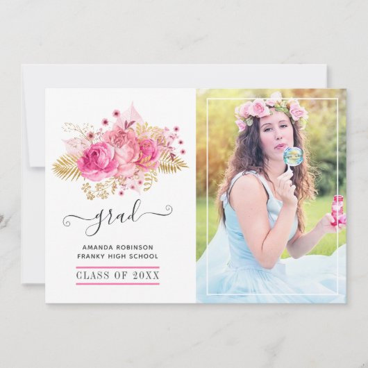 Roze en gouden tropische bloemengraduatie foto aankondiging (Voorkant)
