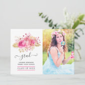 Roze en gouden tropische bloemengraduatie foto aankondiging (Staand voorkant)
