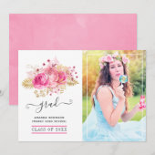 Roze en gouden tropische bloemengraduatie foto aankondiging (Voorkant / Achterkant)