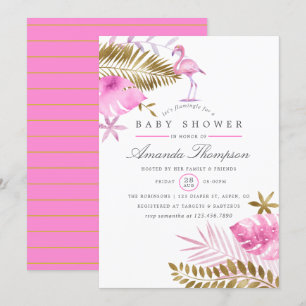 Roze en Gouden Tropische Flamingo Meisje Baby Show Kaart