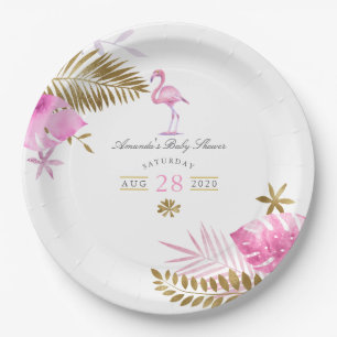 Roze en gouden tropische flamingo meisje baby show papieren bordje