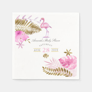 Roze en gouden tropische flamingo meisje baby show servet