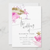 Roze en gouden tropische flamingo Wedding Invitati Kaart (Voorkant)
