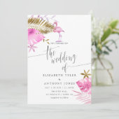 Roze en gouden tropische flamingo Wedding Invitati Kaart (Staand voorkant)