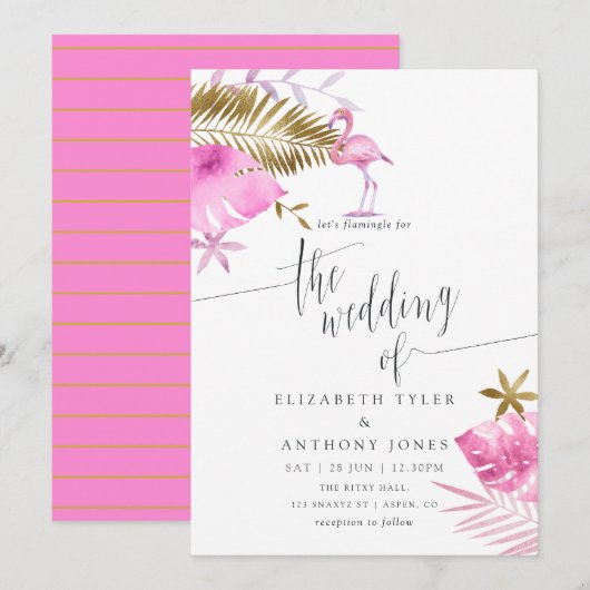 Roze en gouden tropische flamingo Wedding Invitati Kaart (Voorkant / Achterkant)
