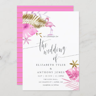 Roze en gouden tropische flamingo Wedding Invitati Kaart