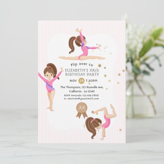 Roze en Gouden Turnen Verjaardagsfeest Uitnodiging (Staand voorkant)
