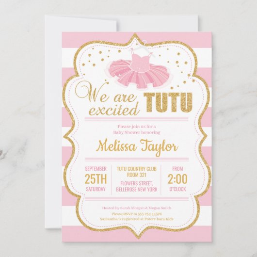 Roze en Gouden Tutu Baby shower Uitnodiging voor M (Voorkant)