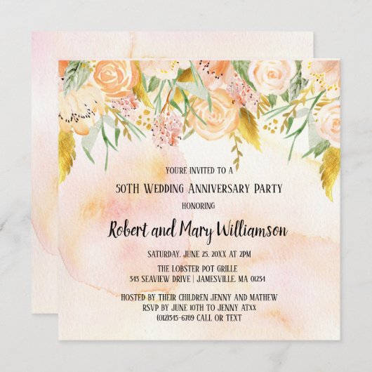 Roze en gouden uitnodigingen voor 50-jarig jubileu (Voorkant / Achterkant)