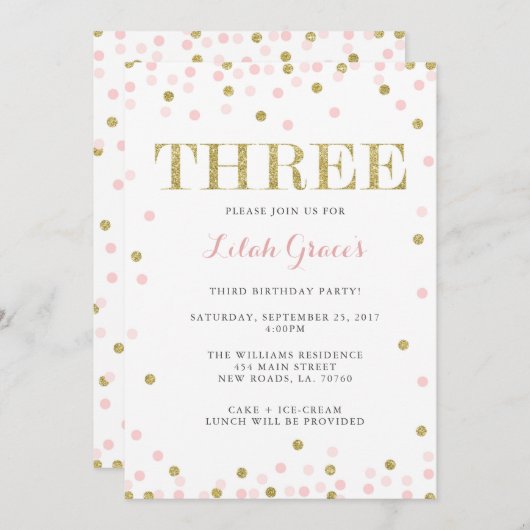 Roze en gouden uitnodigingen voor de derde verjaar (Voorkant / Achterkant)