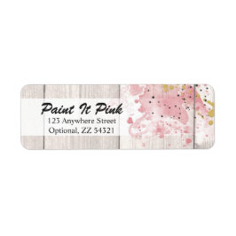 Roze en gouden verfspatten op rustieke hout etiket