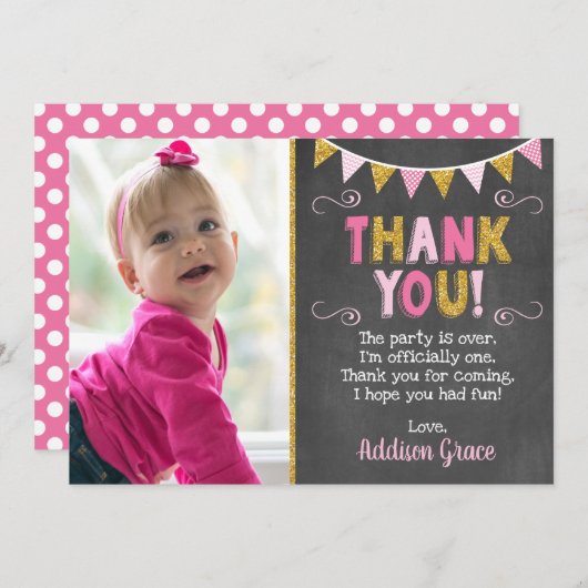 Roze en gouden verjaardag Hartelijk dank | Chalkbo Bedankkaart (Voorkant / Achterkant)