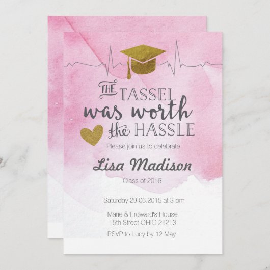 Roze en gouden verpleegkundige afstuderen uitnodig kaart (Voorkant / Achterkant)