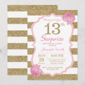 Roze en Gouden Verrassing 13e verjaardag Uitnodigi Kaart (Voorkant / Achterkant)