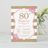 Roze en Gouden Verrassing 80ste Verjaardag Uitnodi Kaart (Staand voorkant)