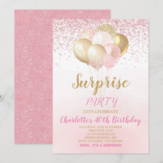 Roze en Gouden Verrassing Verjaardag Uitnodiging (Voorkant / Achterkant)
