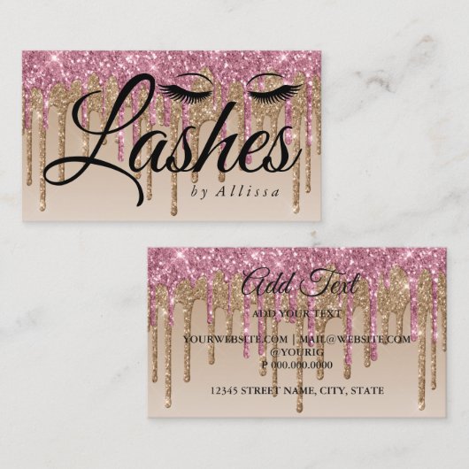 Roze en gouden Visitekaartje met glitter-look (Voorkant / Achterkant)