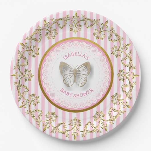 Roze en gouden vlinder Baby shower Borden Papieren Bordje (Voorkant)