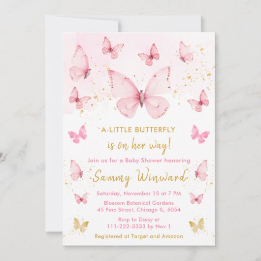 Roze en gouden vlinder Baby shower Kaart (Voorkant)