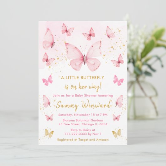 Roze en gouden vlinder Baby shower Kaart (Staand voorkant)