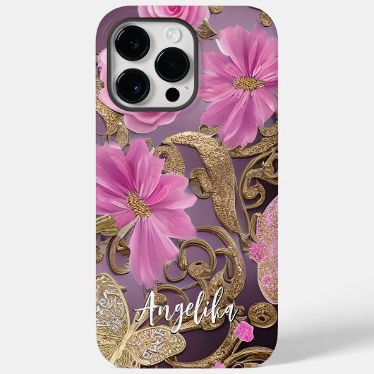 Roze en Gouden Vlinder Persoonlijke Naam Case-Mate iPhone Case (Achterkant)