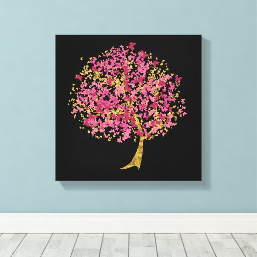 Roze en gouden vlinderboom canvas afdruk (Insitu (Houten vloer))