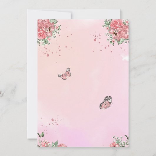 Roze en gouden vlinderkus uitnodiging (Achterkant)