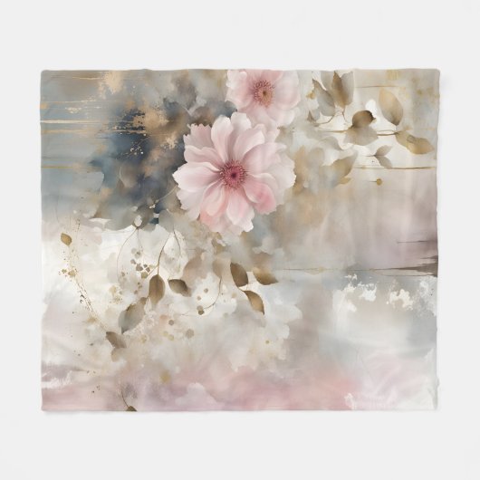 Roze en Gouden Wabi-Sabi Bloemen Grijze Achtergron Fleece Deken (Voorkant (Horizontaal))