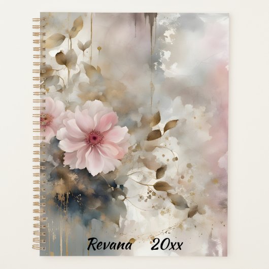 Roze en Gouden Wabi-Sabi Bloemen Grijze Achtergron Planner (Voorkant)