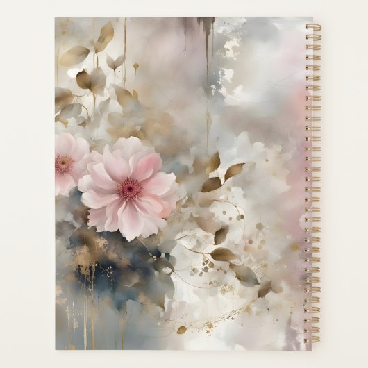 Roze en Gouden Wabi-Sabi Bloemen Grijze Achtergron Planner (Achterkant)