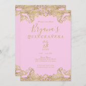 Roze en gouden wand Elegant Quinceañera Kaart (Voorkant / Achterkant)