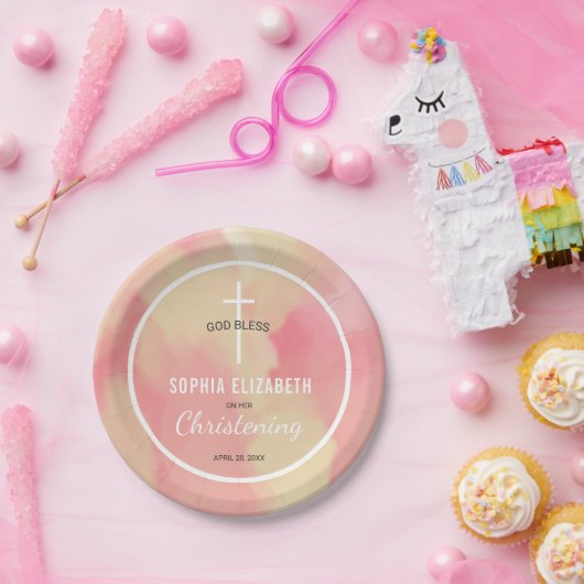 Roze en Gouden Waterverf Baby Meisje Doopsel Papieren Bordje (Feest)