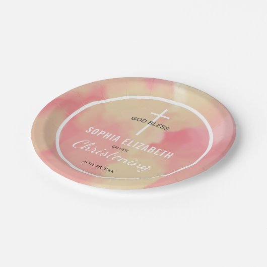 Roze en Gouden Waterverf Baby Meisje Doopsel Papieren Bordje (Gekanteld)