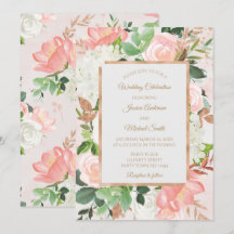 Roze en Gouden Waterverf Bloemen Bruiloftskaart