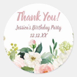 Roze en Gouden Waterverf Bloemen Dank u Ronde Sticker