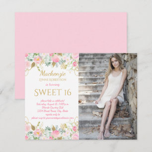 Roze en gouden Waterverf Bloemen Foto Sweet 16 Kaart