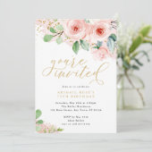 Roze en gouden Waterverf bloemen, je bent uitgenod Kaart (Staand voorkant)