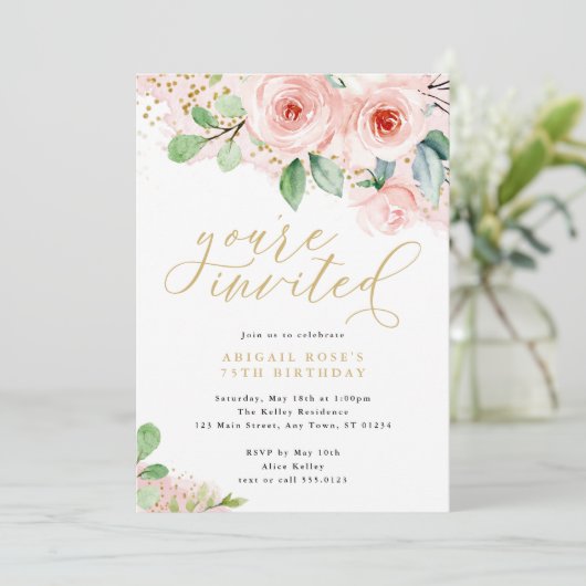 Roze en gouden Waterverf bloemen, je bent uitgenod Kaart (Staand voorkant)