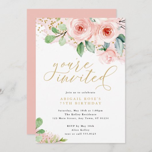 Roze en gouden Waterverf bloemen, je bent uitgenod Kaart (Voorkant / Achterkant)