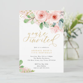 Roze en gouden Waterverf bloemen, je bent uitgenod Kaart