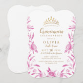 Roze en gouden waterverf bloemenquinceanera kaart (Voorkant / Achterkant)